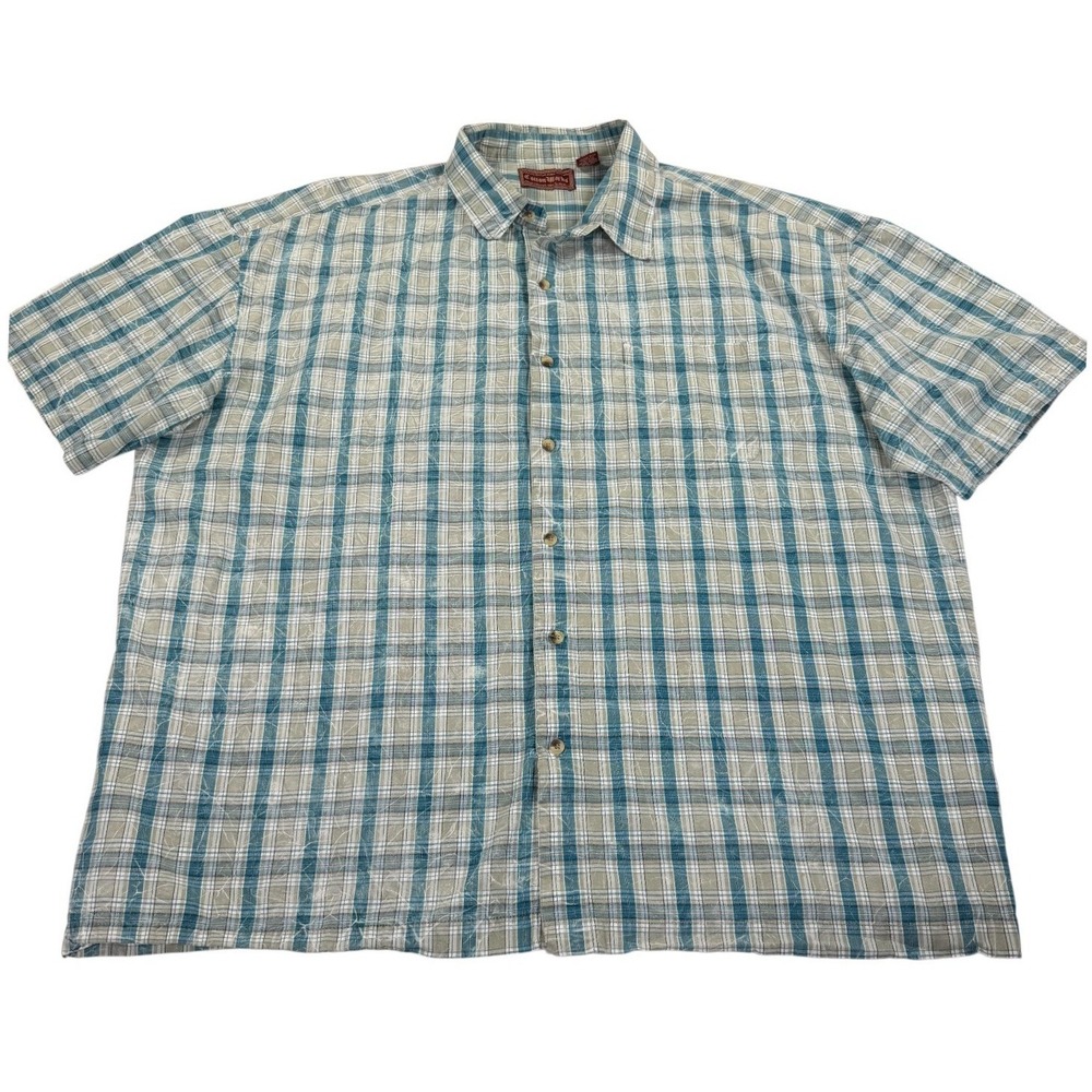 Cotton Works Mens Big 3X Plaid‎ Short Sleeve Button Up Shirt Blue Tan Cotton